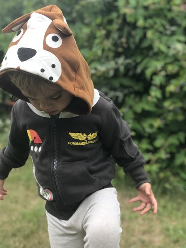 Kids Animal Hooded Sweatshirt | Space Dog | Grey Brown Cream | Poshinate Kiddos Baby & Kids Boutique | Front on child