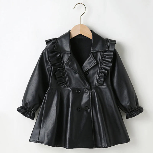 Girls Coat | Double Button Ruffle | Black