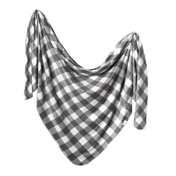 Baby Blanket | Knit Swaddle | Grey/White Buffalo Plaid