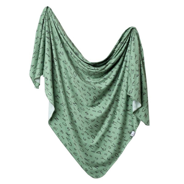 Baby Blanket | Knit Swaddle | Green Alphabet