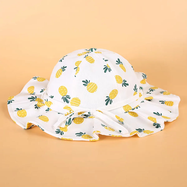 Kids Sun Hat | Pineapple - Kids Hats - Poshinate Kiddos Baby & Kids Store - View of pineapple print ruffled hat with tie 