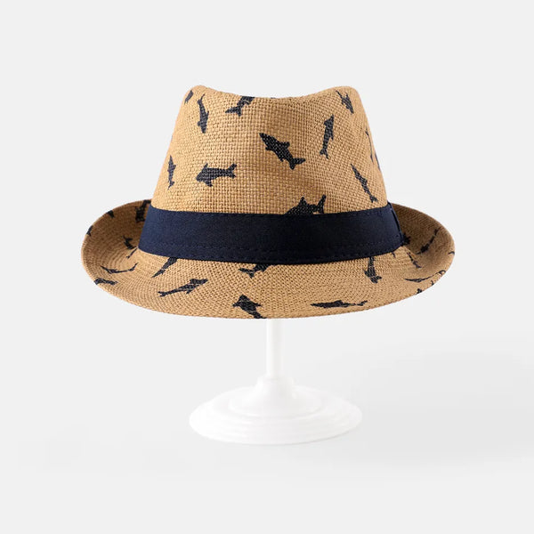 Kids Fedora Hat | Sharks | Khaki - Kids Hats - Poshinate Kiddos Baby & Kids Store - Front view of hat
