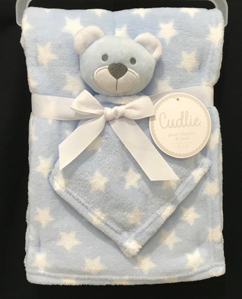 Baby Blanket Set - Fleece Blanket & Lovie - Blankets - Poshinate Kiddos Baby & Kids Store - View of blue star blanket and bear lovie