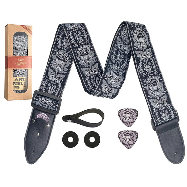Kids Guitar Strap | Vintage Black/Silver - Guitar Accessories - Poshinate Kiddos Baby & Kids Store -  View of Strap and accessories