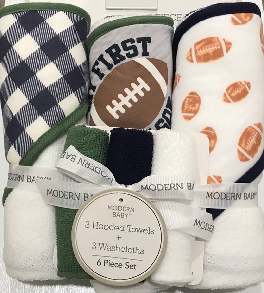 Baby Hooded Bath Towel & Washcloth | 6 pc set - Bath Time - Poshinate Kiddos Baby & Kids Store - View of Football Towel Set / First Football Season