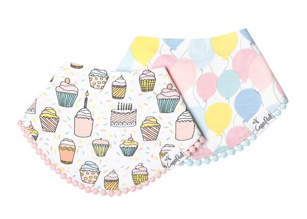Baby Bibs | Bandana | Fashion Prints | 2-pk - Baby Bibs - Poshinate Kiddos Baby & Kids Store -  both printed bibs cupcake & balloon on white background