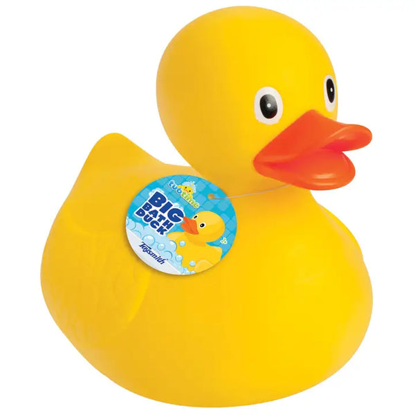 Kids Bath Toy | Big Rubber Duckie - Bath Time - Poshinate Kiddos Baby & Kids Store - shows duck with tag
