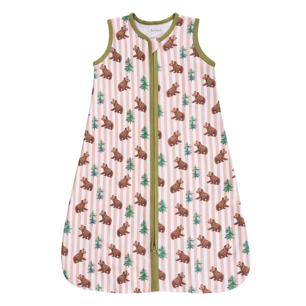 Sleep Sack | Organic Cotton | Baby Bear - Baby Slseepware - Poshinate Kiddos Baby & Kids Store - A sleeveless baby sleep sack with a front zipper, featuring an all-over print of brown bears and green pine trees on a white background with vertical pink stripes. The trim and zipper are olive green.