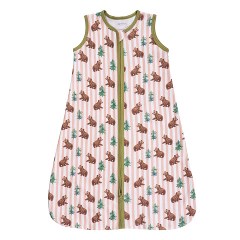 Sleep Sack | Organic Cotton | Baby Bear - Baby Slseepware - Poshinate Kiddos Baby & Kids Store - A sleeveless baby sleep sack with a front zipper, featuring an all-over print of brown bears and green pine trees on a white background with vertical pink stripes. The trim and zipper are olive green.