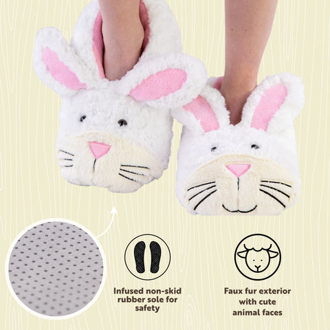 Poshinatel Kiddos Baby & Kids Store - Pair of bunny slippers with text highlighting features on a yellow background