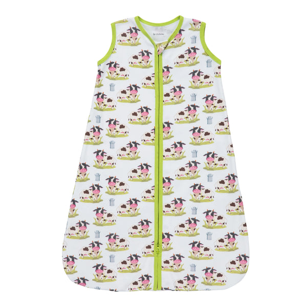 Sleep Sack | Organic Cotton | Coe - Baby Slseepware - Poshinate Kiddos Baby & Kids Store - A sleeveless baby sleep sack with a pink and green floral print on a white background, featuring a grenn zipper closure down the front.