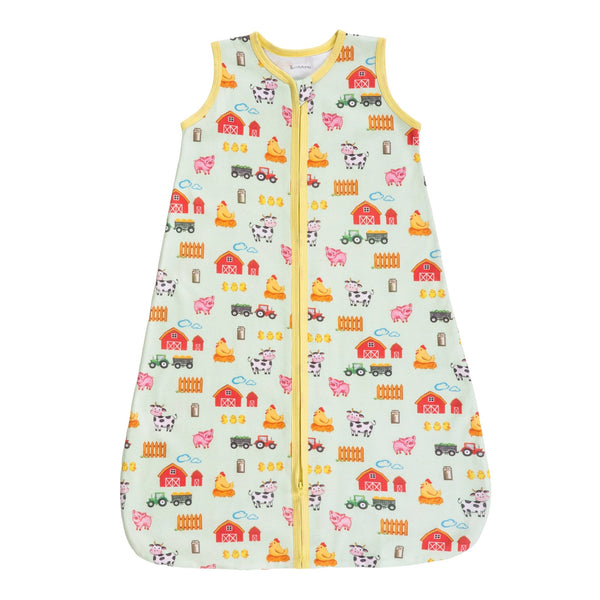 Sleep Sack | Organic Cotton | Farmyard - Baby Slseepware - Poshinate Kiddos Baby & Kids Store - A sleeveless baby sleep sack with a pink and green floral print on a white background, featuring a yellow zipper closure down the front.