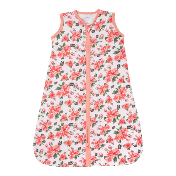 Sleep Sack | Organic Cotton | Peony - Baby Slseepware - Poshinate Kiddos Baby & Kids Store - A sleeveless baby sleep sack with a pink and green floral print on a white background, featuring a pink zipper closure down the front.