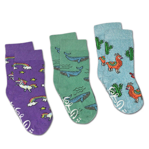 Kids Socks | LLamas/Unicorns/Whales | 3pk - Kids socks - Poshinate Kiddos Baby & Kids Store - shows all 3 designs in set
