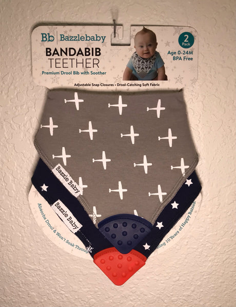 Baby Bib | With Teether | Airplane & Stars | 2 pk - Baby Bibs - Poshinate Kiddos Baby & Kids Store - View of bib set