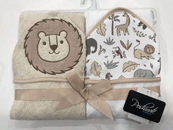 Baby Hooded Bath Towels | 2 pc set | Safari - Bath Time Accessories - Poshinate Kiddos Baby & Kids Store - lion and multiple animals