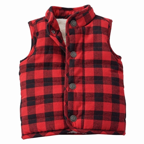 Boys Vest Buffalo Plaid Sherpa Lined Red Black - Main Image
