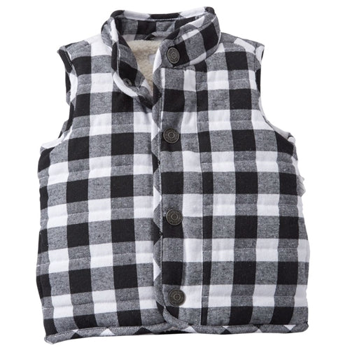 Boys Vest Buffalo Plaid Sherpa Lined Black White Grey