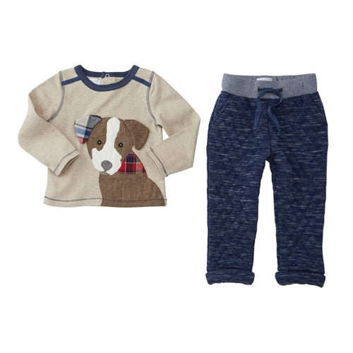 Boys Outfit | Puppy Front | Quilted Navy Tan - Boys Outfits - Poshinate Kiddos Baby & Kids Store