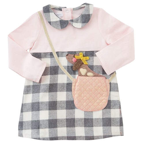 Girls Dress | Puppy In Purse | Pink & Check - Girls Dresses - Poshinate Kiddos Baby & Kids Store
