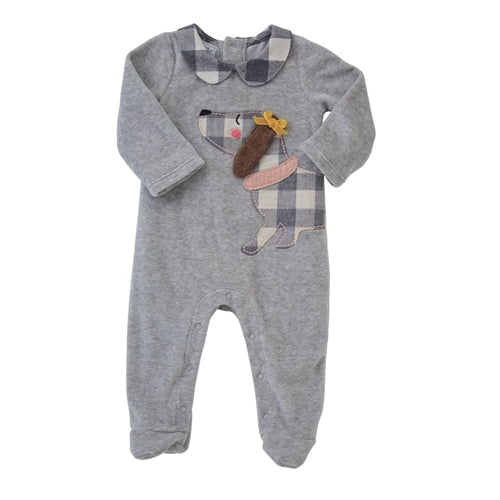 Baby Girls Footed Sleeper | Flannel Puppy | Grey Velour