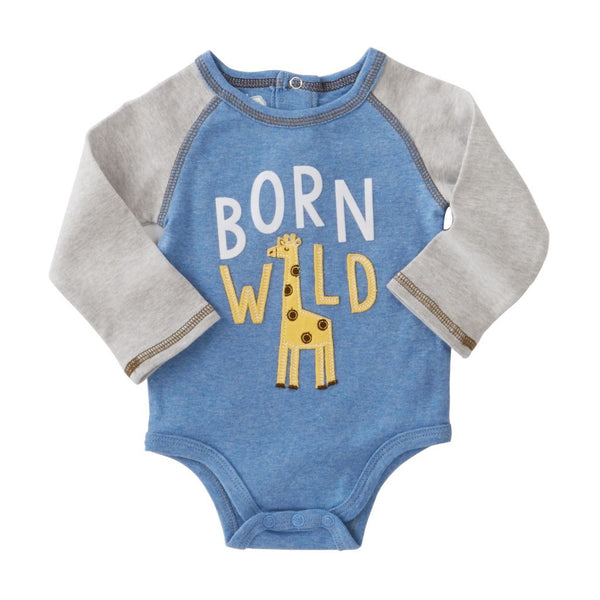 Baby Boy Onesie | Born Wild Giraffe | Blue Grey Yellow