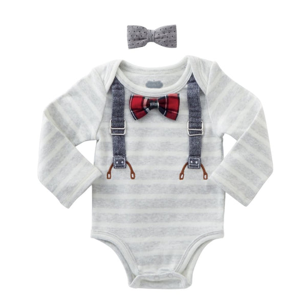 Baby Boy Onesie | Bow Tie & Suspenders | Long Sleeve Grey White
