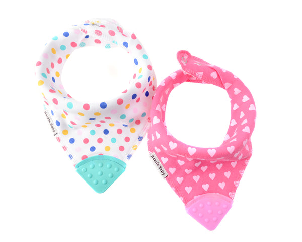 Baby Bibs | With Teether | Hearts & Pink Dots 2-pack | Baby Bibs | Poshinate Kiddos Baby & Kids Boutique | 2 pc set - awesome teether bibs