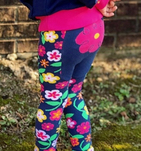 Baby Leggings | Flower | Navy Pink Yellow | Poshinate Kiddos Baby & Kids Boutique | Back on child