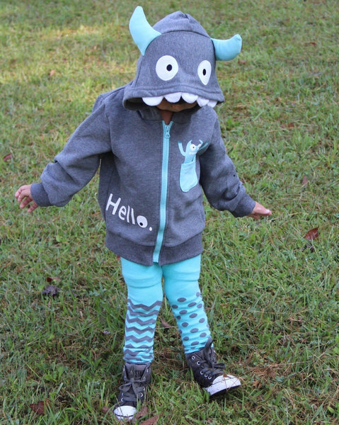 Kids Animal Hooded Sweatshirt | Silly Monster | Grey Teal White | Poshinate Kiddos Baby & Kids Boutique | Front on child