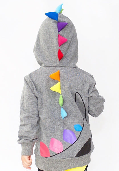 Kids Animal Hooded Sweatshirt | Dino Rainbow Spikes | Grey Black | Poshinate Kiddos Baby & Kids Boutique | back on child