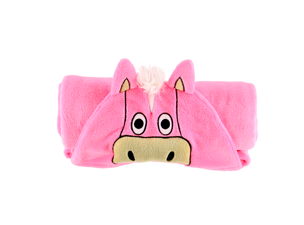 Hooded Kids Fleece Blanket | Pink Horse - Blankets - Poshinate Kiddos Baby & Kids Boutique - rolled up