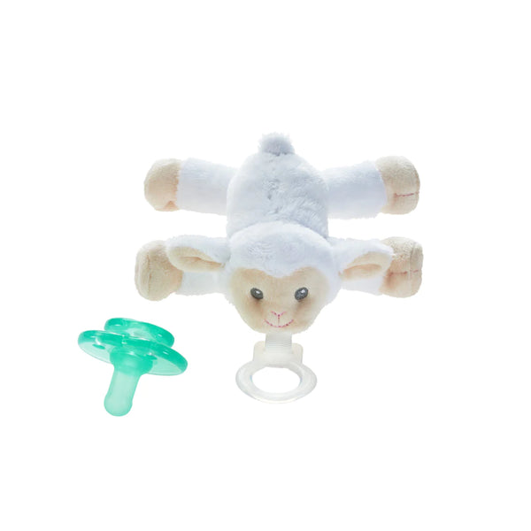 Baby Pacifier | Nookums | Lamb - Pacifier - Poshinate Kiddos Baby & Kids Store - Full view of lamb showing the Hug Ring and pacifier