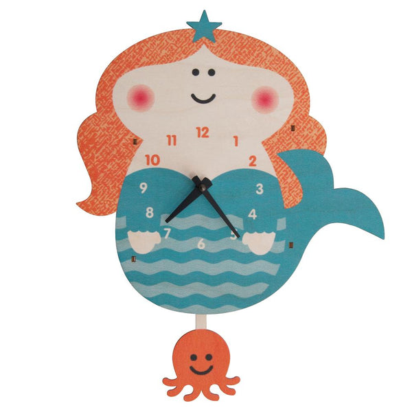 Pendulum Clock | Mermaid - Pendulum Clocks - Poshinate Kiddos Baby & Kids Boutique - Front view of orange hair mermaid