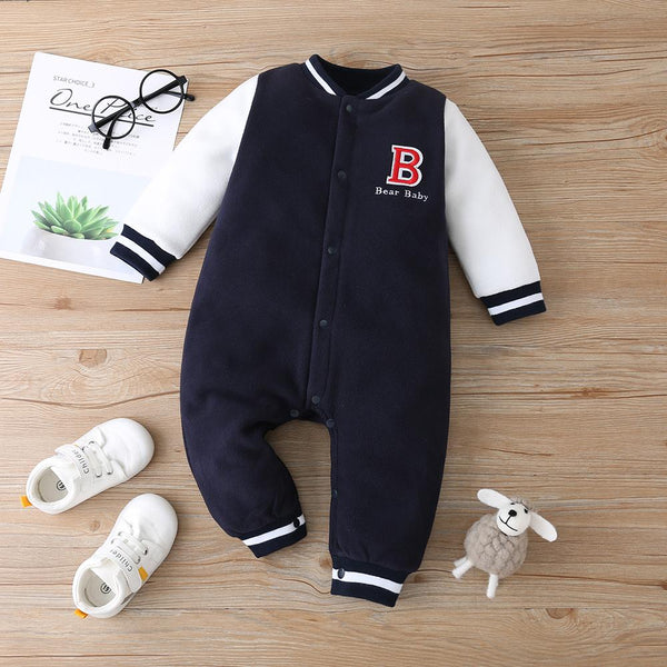 Boys Romper | Letter Jacket Style | Navy/White - Boys Romper - Poshinate Kiddos Baby & Kids Store - front of romper