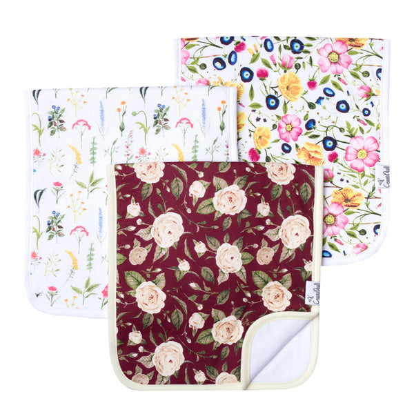 Baby Burp Cloth | Burgundy Rose / Floral  3-Pack - Baby burp cloths - Poshinate Kiddos Baby & Kids Store - shows all 3
