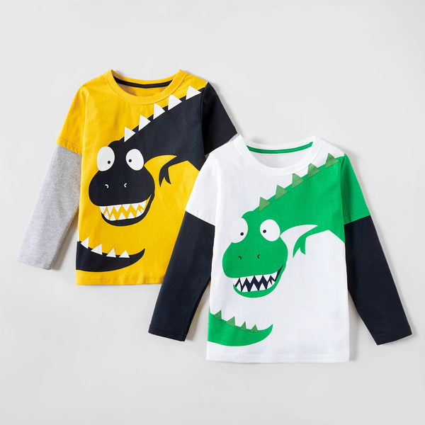 Kids T Shirt | Dinosaur Colorblock | Long Sleeve - Kids T-Shirts - Poshinate Kiddos Baby & Kids Store - View of each T-Shirt
