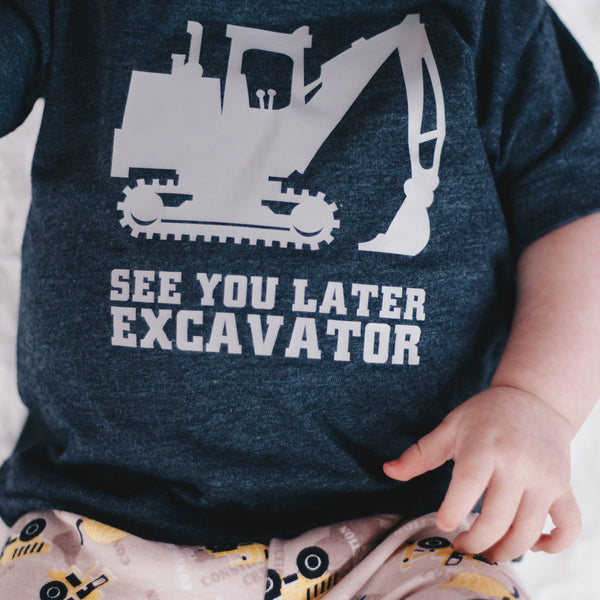 Kids T Shirt |  Excavator | Charcoal Grey - Kids T Shirt - Poshinate Kiddos Baby & Kids Store - shown on baby