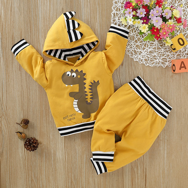 Baby Outfit | Striped Hooded Dino Top/Pants | 2 pc Yellow