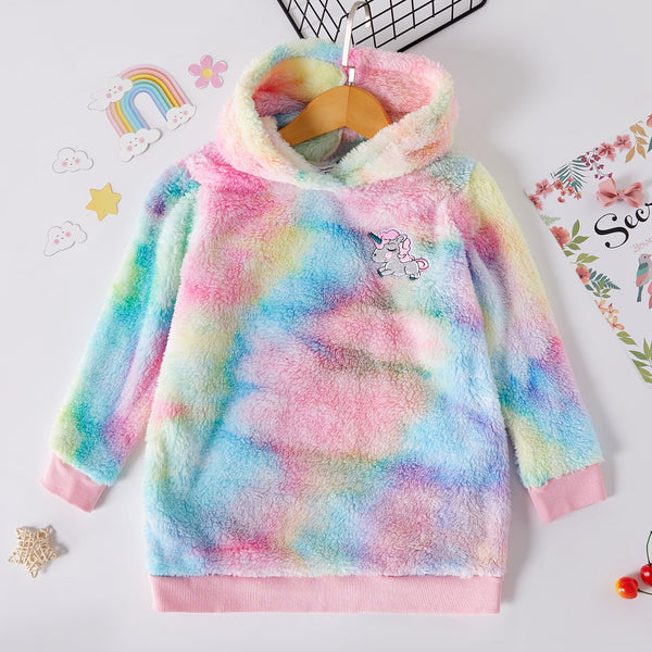 Girls Sweatshirt | Hooded Unicorn Fuzzy | Tie Dye - Girls Clothes - Poshinate Kiddos Baby & Kids Store - front of sweatshirt