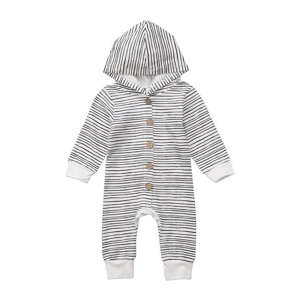 Baby Romper | Hooded - Black & White Stripe - Baby Rompers - Poshinate Kiddos Baby & Kids Boutique - hood with white cuffs