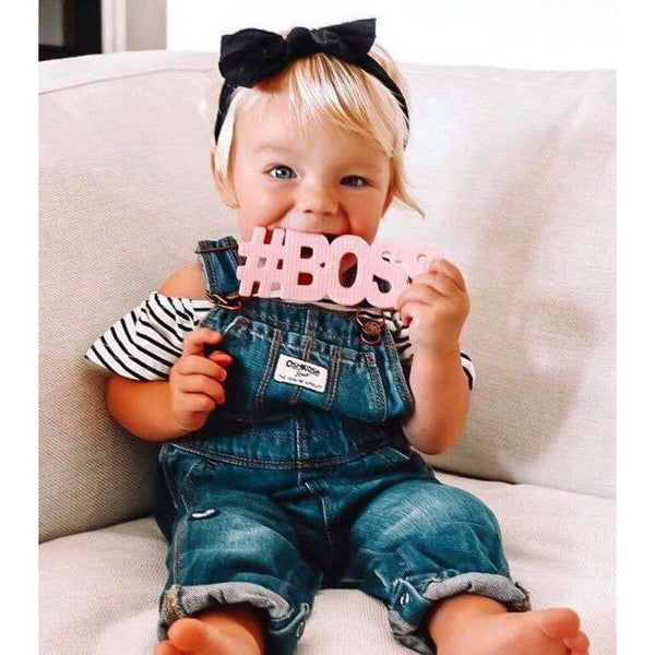 Baby Teether | #Boss - Pink - Baby Teethers - Poshinate Kiddos Baby & Kids Store - Girl with overalls