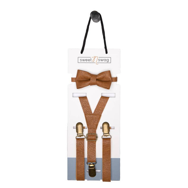 Boys Bow Tie & Suspenders Set | Meerkat Tan - Accessories - Poshinate Kiddos Baby & Kids Boutique - on card