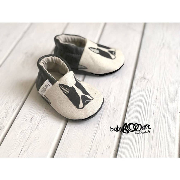 Baby Moccasins | Bulldog - Grey/Black - Baby Footwear - Poshinate Kiddos Baby & Kids Boutique - shoe pair on wood floor