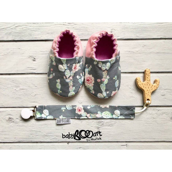Baby Moccasins | Cactus - Grey/Pink - Baby Footwear - Poshinate Kiddos Baby & Kids Boutique - front view with paci clip