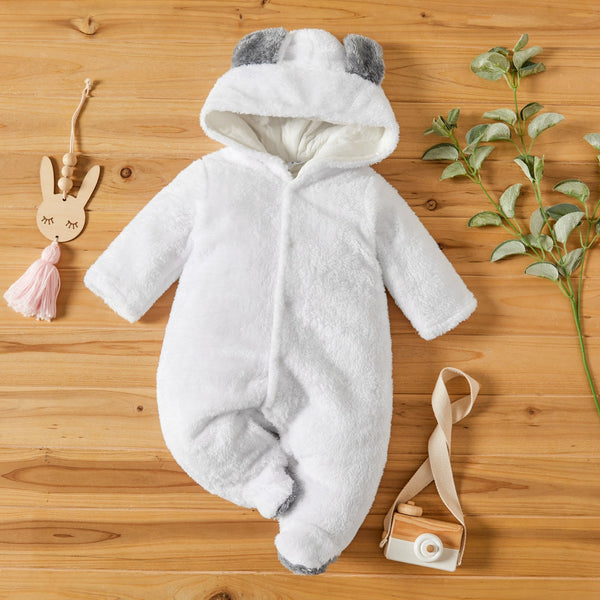 Baby Snowsuit | Hooded 3D Bear | White - Baby Romper - Poshinate Kiddos Baby & Kids Store - front of snowsuit