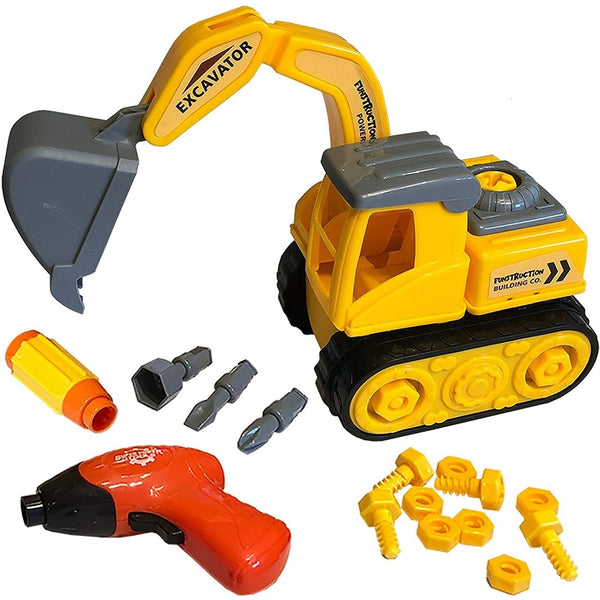 Kids Excavator Toy | 25 pc with Case - Kids Toys - Poshinate Kiddos Baby & Kids Store - Closeup of completed excavator and the tools and drill 