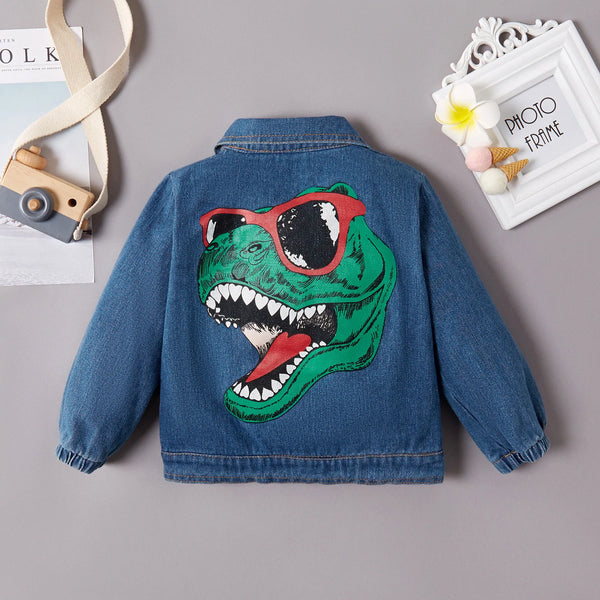 Kids Denim Jacket | Dino - Kids Jackets - Poshinate Kiddos Baby & Kids Store - Back view of jacket showing dinosaur face