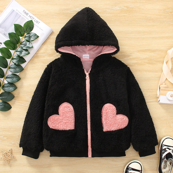 Girls Jacket | Flannel Fleece | Pink Hearts - Kids Jackets - Poshinate Kiddos Baby & Kids Store - View of jacket and hood