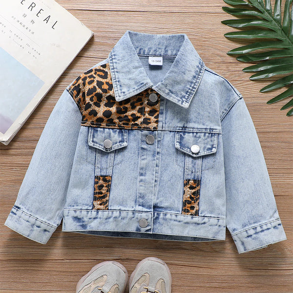 Girls Denim Jacket | Leopard Trim